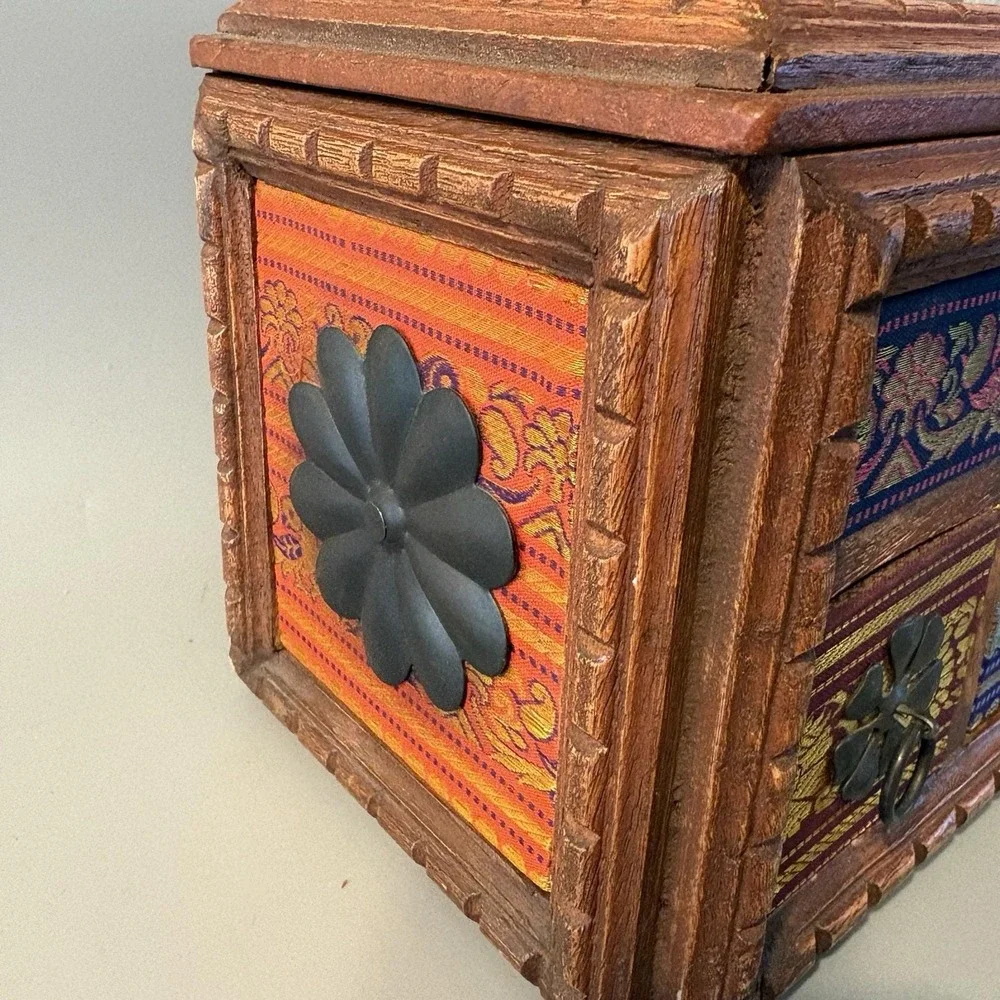 Vintage  Carved Wooden Spice Storage Jewelry Box Chest Indian Hippie Boho Heavy